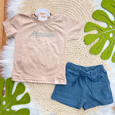 Conj. Camiseta Mariners e Bermuda em Moletinho - Caramelo e Azul Jeans